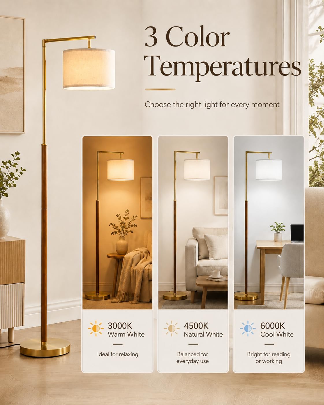 Real Wood Floor Lamps for Living Room, Mid Century Modern Arc Floor Lamp