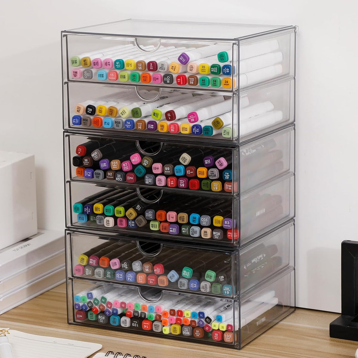 Clear Desk Drawer Organizer, 6 Drawers, Plastic