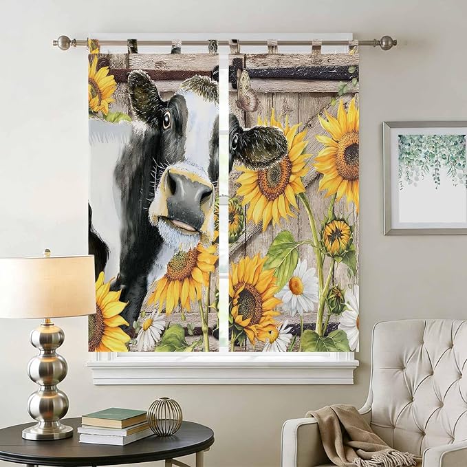 Retro Farmhouse Flower Bathroom Curtains 63 Inch Length, Window Curtains Tab Top