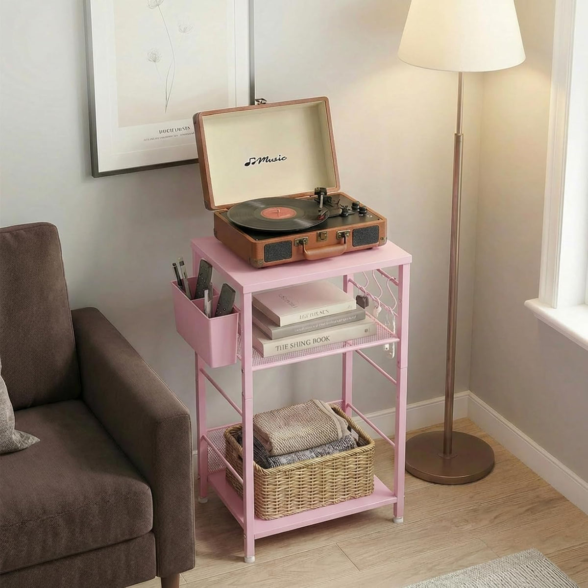 ECOLOVI Small 3 Tier Printer Stand for Under Desk, Height Adjustable Shelf Printer Table with 3 S-Hooks & Basket, Heavy Duty Industrial Storage Shelf for Home Office (Deep Pink)
