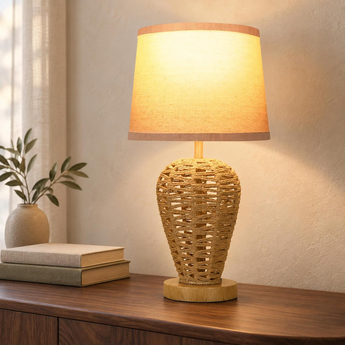 19" Boho Table Lamp with 100% Hand Woven Rattan Body & Wood Grain Finish