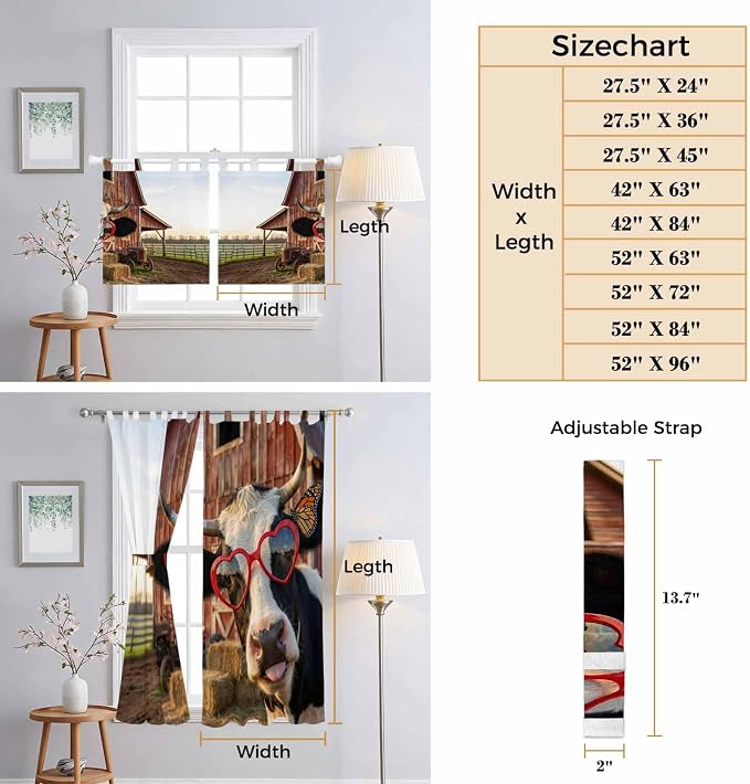 Farm Cows Bathroom Curtains 63 Inch Length, Window Curtains Tab Top, Farmhouse