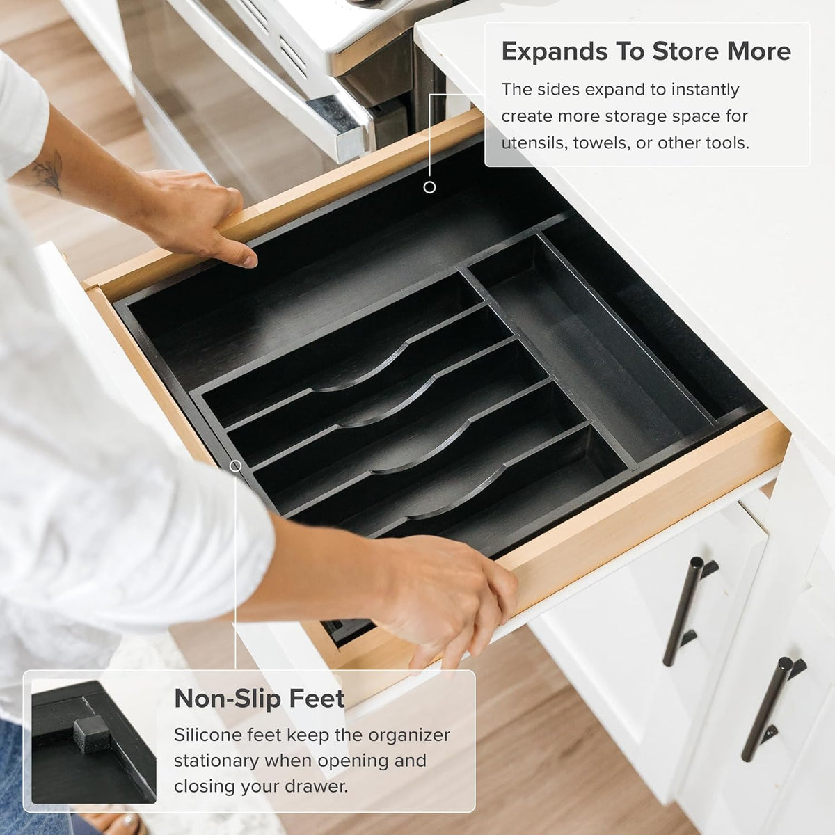KitchenEdge Silverware & Utensil Drawer Organizer, 10.5-19 in, Black Bamboo