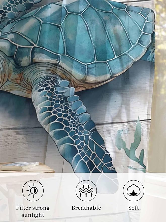 Sheer Curtains 72 Inches Long, Teal Green Sea Turtle Semi Sheer Curtains Light