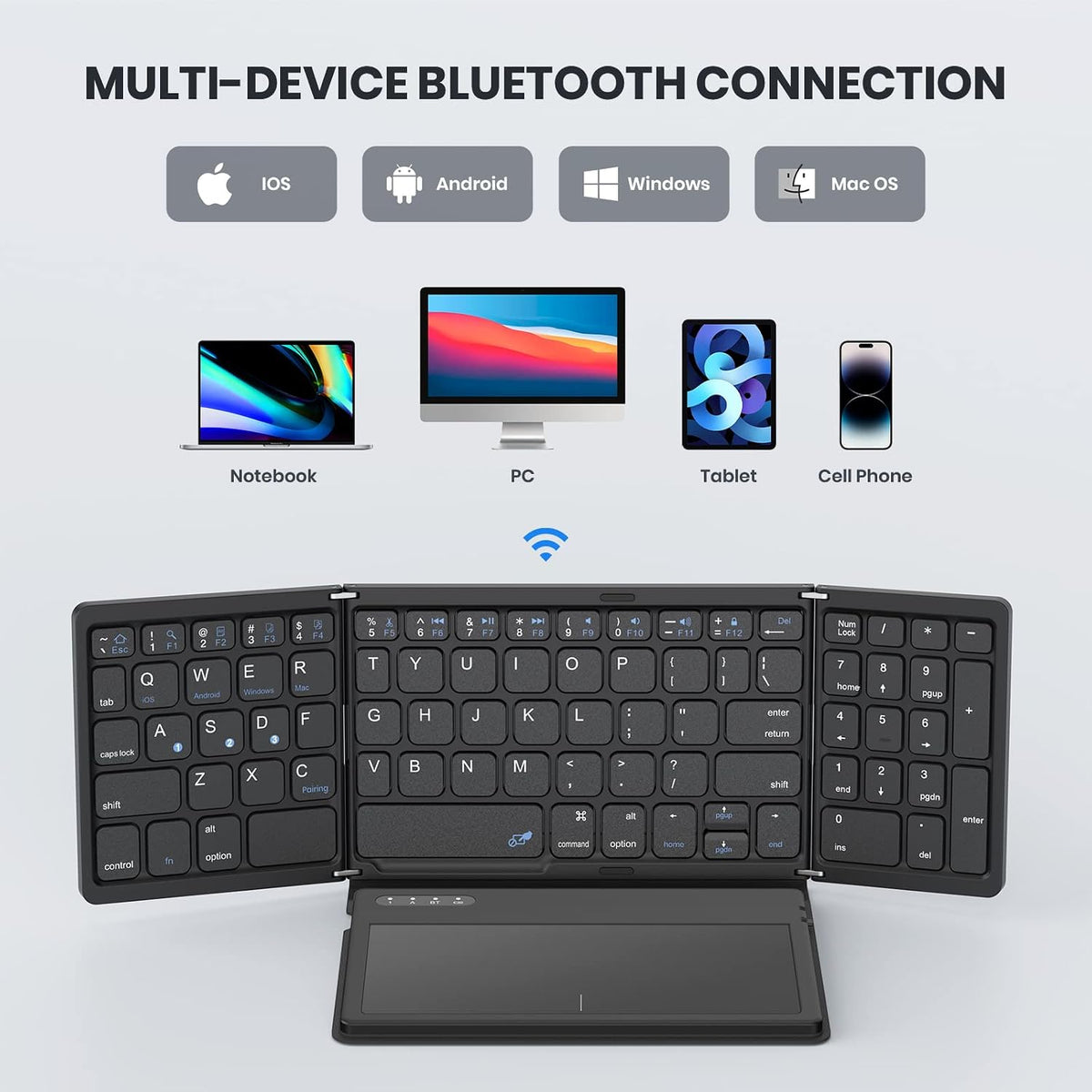 GEODMAER Foldable Bluetooth Keyboard, Portable Full Size Folding Keyboard with Large Touchpad, Numeric Keypad, PU Leather, Wireless TravelKeyboard for Windows Android Mac(Sync up to 3 Devices)