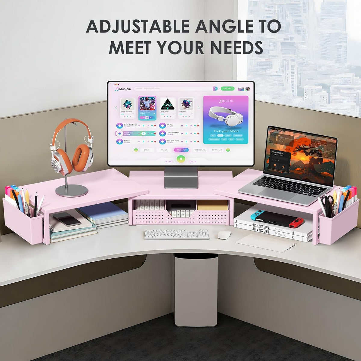 OPNICE Desk Organizers and Accessories, Dual Monitor Stand Riser with Drawer and 2 Pen Holders, Desk Shelf Computer Racks & Printer Stand for Office Workspace Organizers, Desktop Organization (Pink)