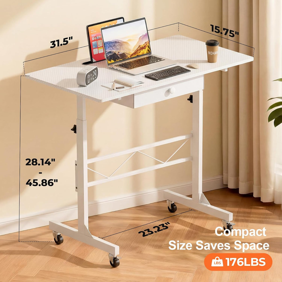 COMHOMA Small Standing Desk with Storage Drawer, Mobile Height Adjustable Rolling Sit Stand Desk with Lockable Wheels 4‑Level Portable Laptop Desk for Small Space Home Office Treadmill Workstation