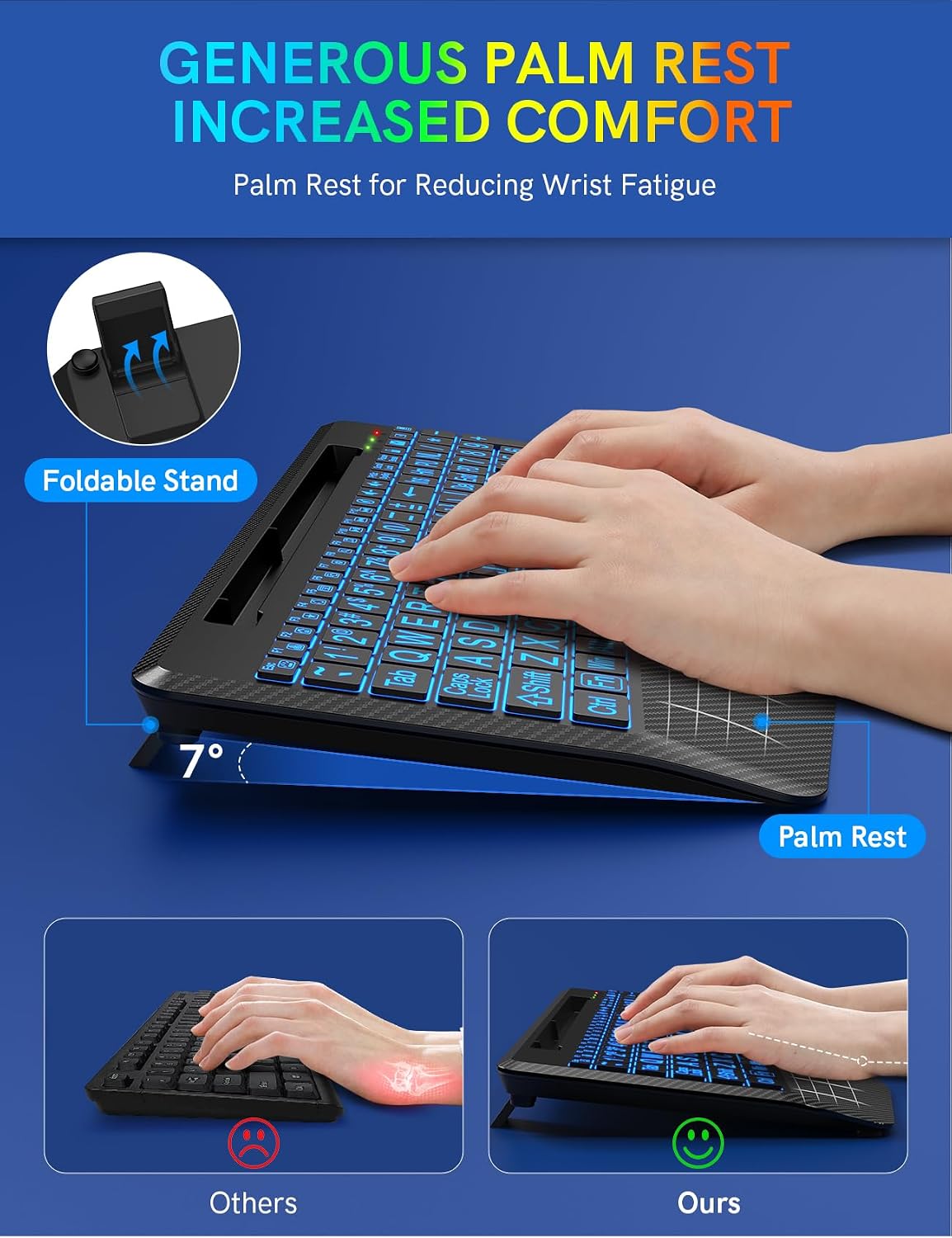 Wireless Keyboard, 7 Colored Backlits, Wrist Rest, Phone Holder-Large Print