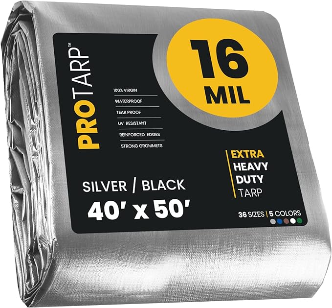 PROTARP Extra Heavy Duty 16 Mil Tarp Cover, Waterproof, UV Resistant, Rip and Tear Proof, Poly Tarpaulin with Reinforced Edges for Roof, Camping, Patio, Pool, Boat. (Silver/Black 40′ X 50′)