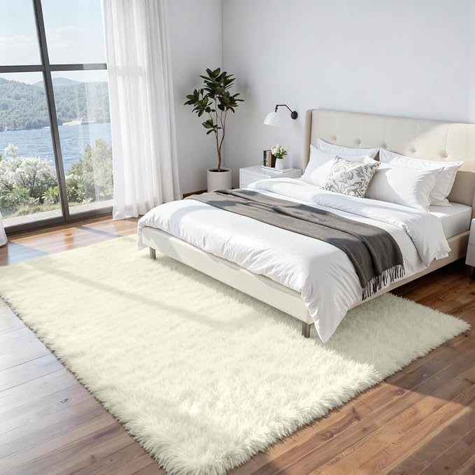 8x10 Area Rugs for Living Room Rug: Soft Fluffy Shag Cream White Rugs for