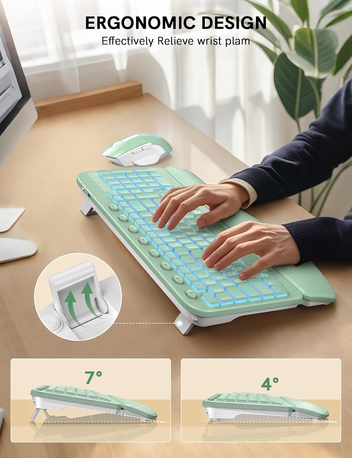 SABLUTE Wireless Keyboard and Mouse Combo, Ergonomic Wave with Wrist Rest
