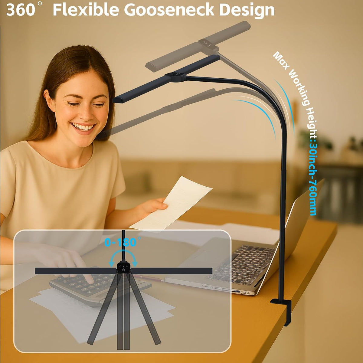 LED Desk Lamp for Home Office, Eye Caring Architect Desk Light with Clamp,50 Lighting Models,Remote and Touch Control,24W 2000LM,Memory Function and Timer for Study, Reading,Workbench Black