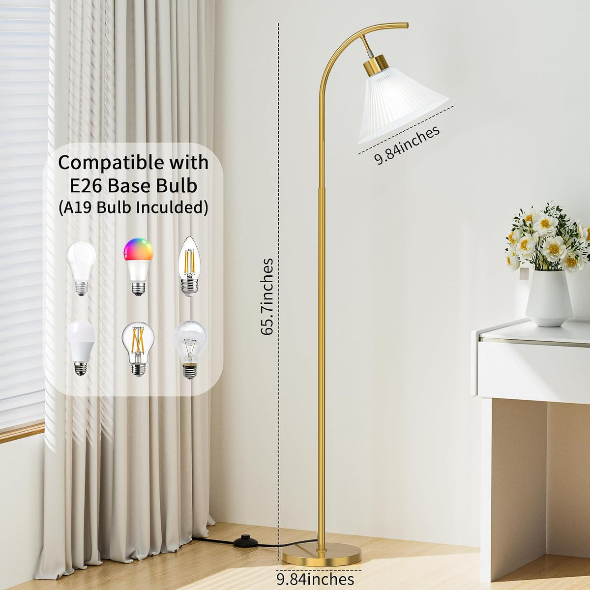 SIBRILLE Gold Floor Lamp with Remote, Dimmable Glass Arc Standing Lamp, Ribbed Frosted Glass Shade, 3 Color Temperatures, Foot Switch, 9W LED Bulb for Living Room Bedroom Office