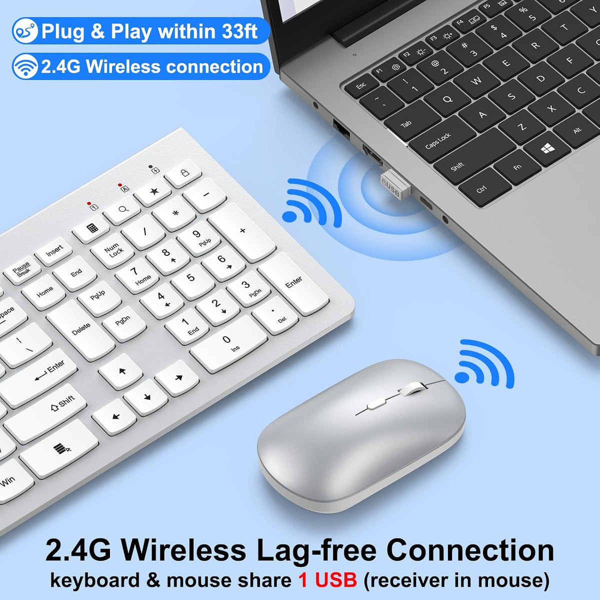 Ergonomic Ultra Slim Wireless Keyboard and Mouse Combo,2.4G Lag-Free,Silver