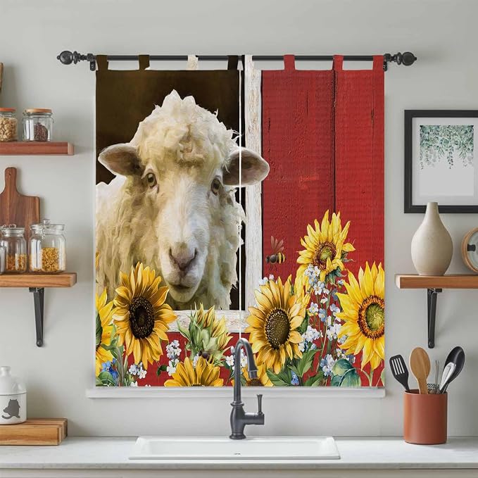 Sheep Flowers Bedroom Curtains 72 Inch Length, Window Curtains Tab Top