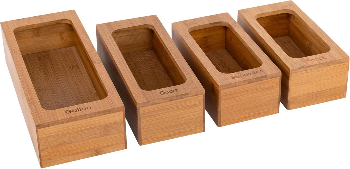 Seville Classics Bamboo Premium Organizer Storage Bins for Kitchen Silverware, Pantry, Closet, Office Desk, Pens, Utensils, Makeup, K Cup, Bamboo, Bag Holder Bin Set (4 Piece)