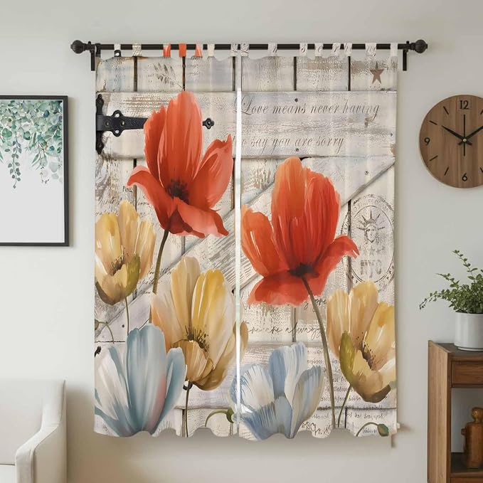 Retro Floral Living Room Curtains 84 Inch Length, Window Curtains Tab Top
