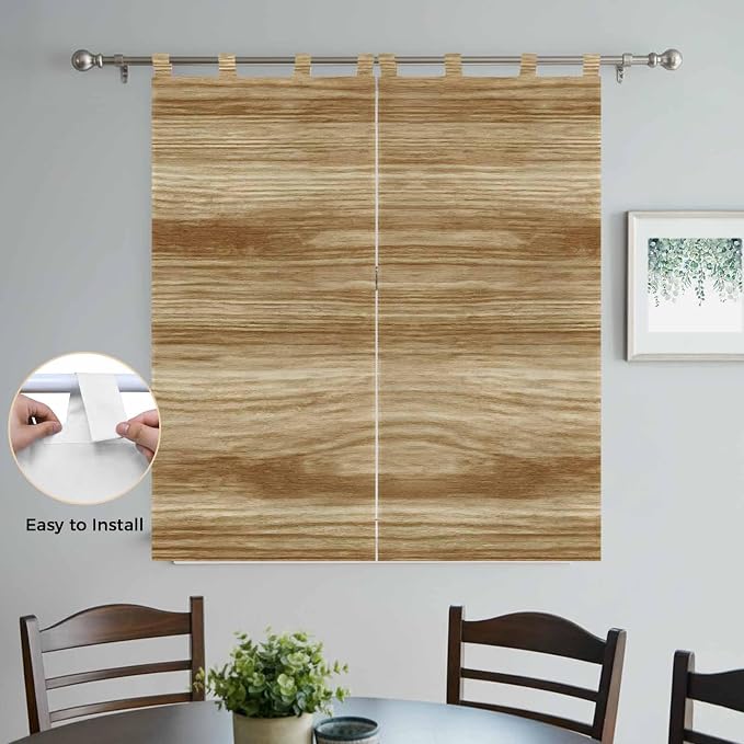 Light Brown Wood Grain Bedroom Curtains 72 Inch Length, Window Curtains Tab Top