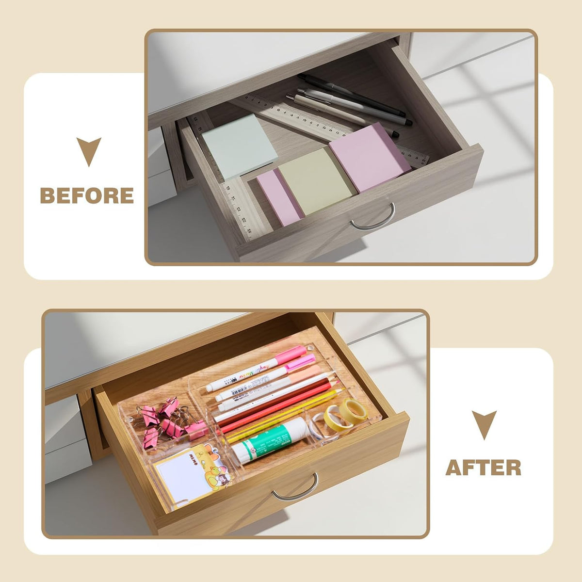 Briwooody 2 Pcs Acrylic Drawer Organizer, 11 x 6 x 1.38'', 6 Compartments