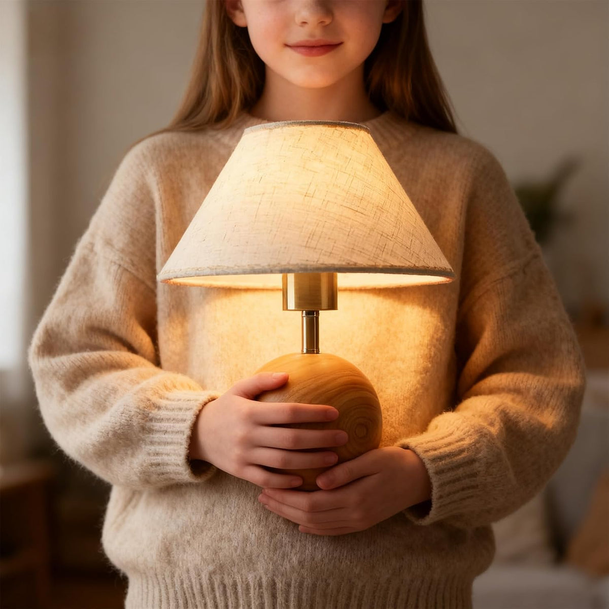 Wood Table Lamp for Bedroom, Flaxen Fabric Shade Small Desk Lamp for Living Room,Décor Ambient Bedside Lamps for Night Stands,LED Bulb (not Included)