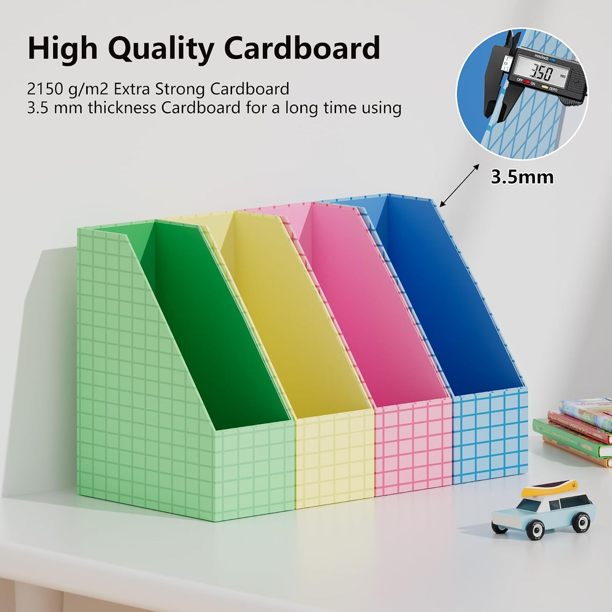 JiaWei Magazine File Holder Foldable Storage Boxes for Documents - Set of 4 Cardboard Magazine Rack Made of 2150 g/m² 10.5 cm Wide，Desk Organizer for Classroom, Home, and Office - Colorful