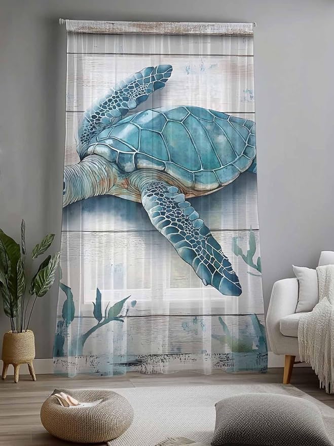Sheer Curtains 84 Inches Long, Teal Green Sea Turtle Semi Sheer Curtains Light