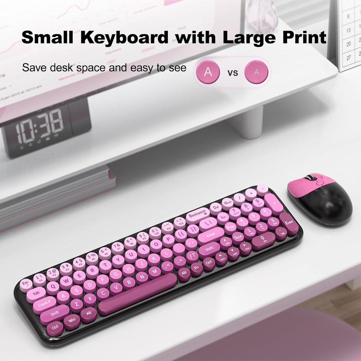 Dilter Wireless Keyboard and Mouse Combo, Portable Retro Keyboard with Compact Size, 2 in 1 USB Connected Mouse for Windows 7/8/10, Laptop, Desktop, PC, Computer (Black Pink)