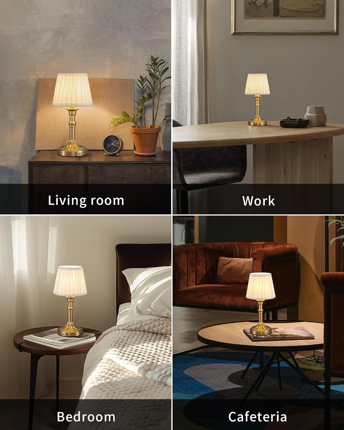 KDG Gold Cordless Table Lamps Set of 2, Beige Fabric Shade Small Desk Lamp