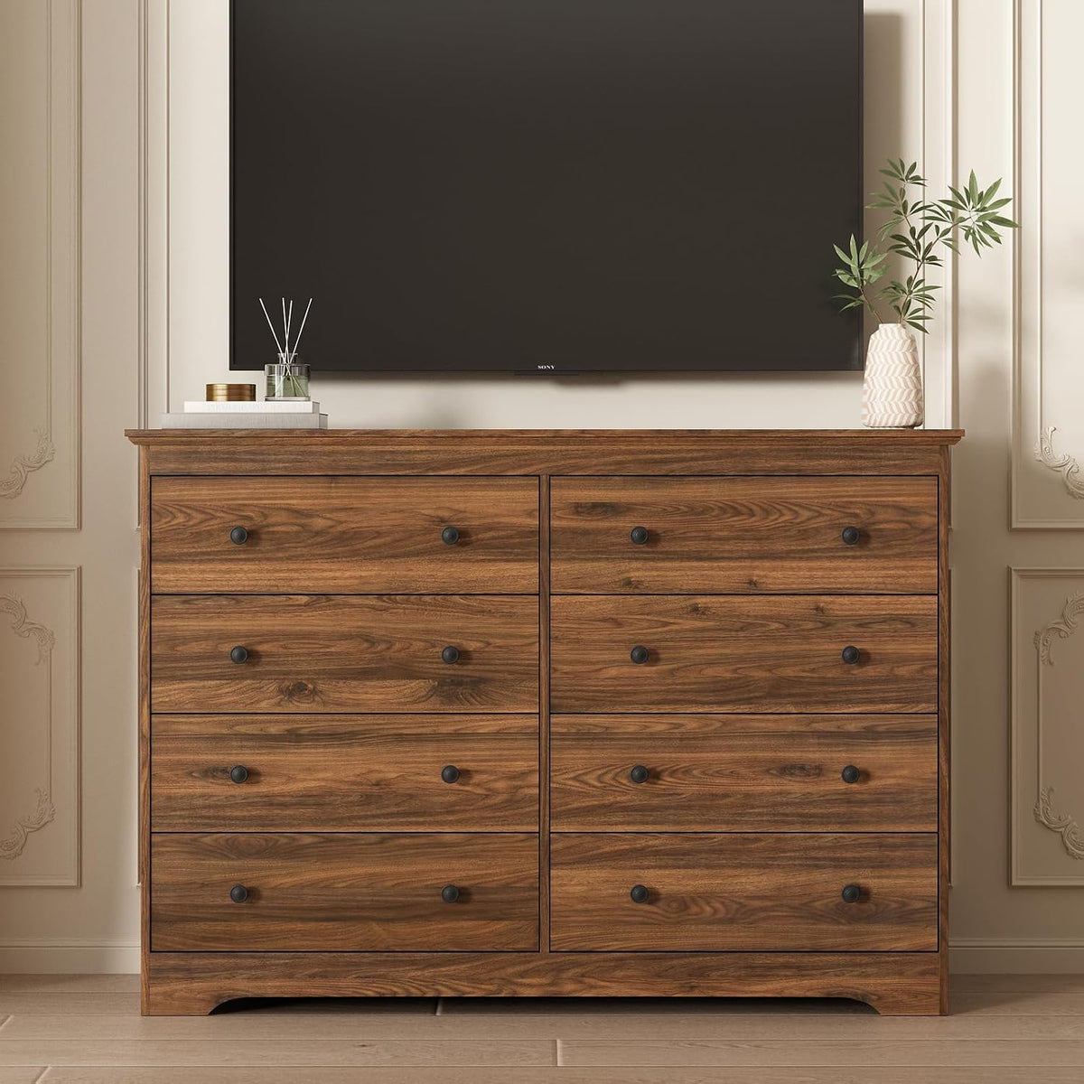 LYNSOM Modern 8 Drawer Dresser, 51.2" Wide Dressers & Chests of Drawers with Large Capacity Storage, Wood Mid Century Storage Dressers Organizer for Bedroom, Brown
