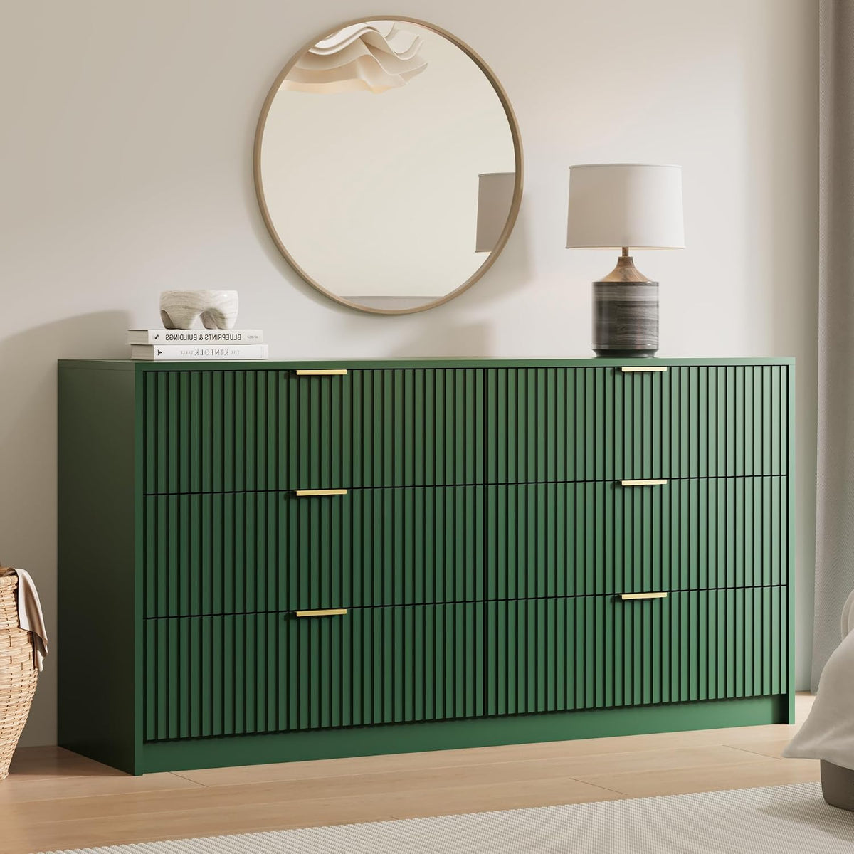 MAISONARIA 55" Wide Fluted 6-Drawer Double Dresser for Bedroom, Green