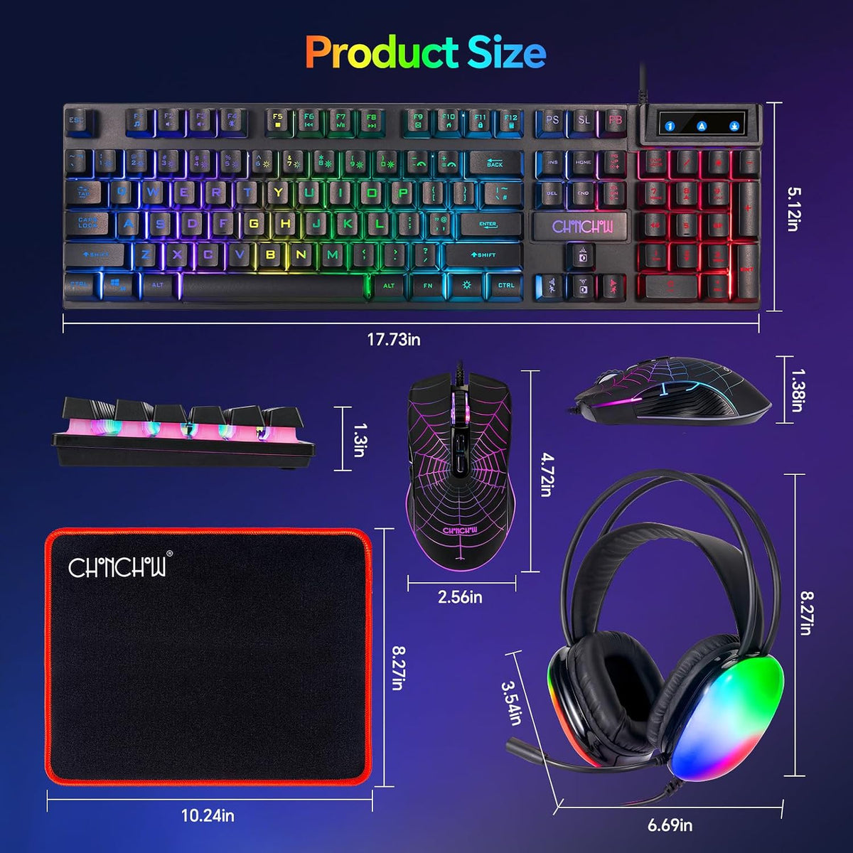 Gaming Keyboard and Mouse, Headset, Mouse Pad Combo, 10 RGB Backit Effects