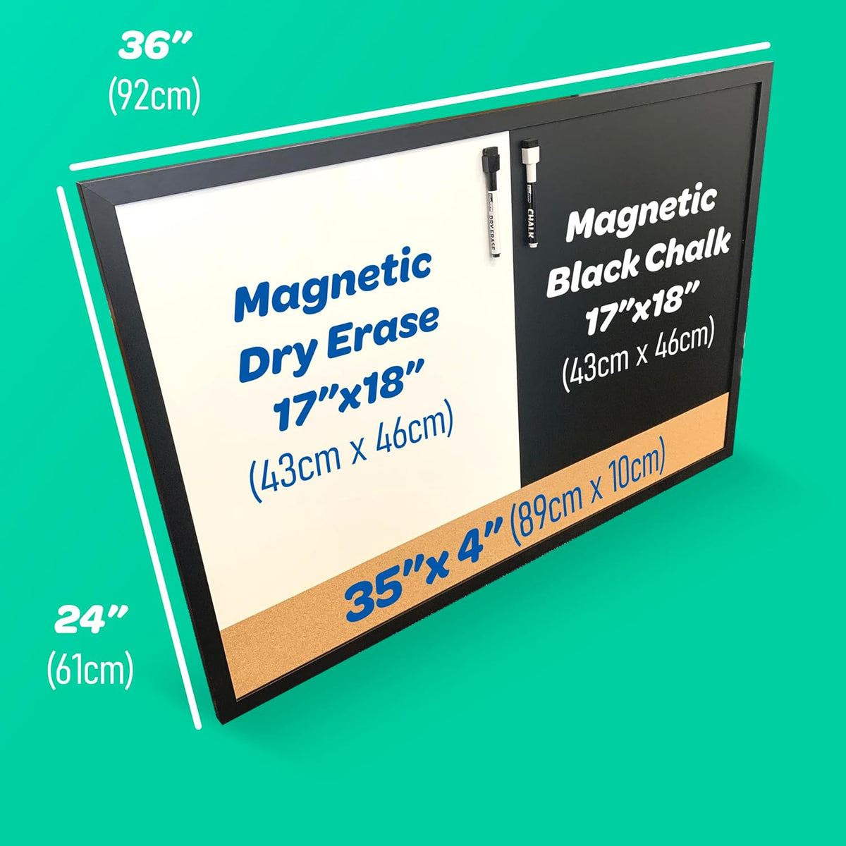 Flipside Products 3-in-1 Magnetic Dry Erase Board, Magnetic Chalkboard & Cork Bar Combo, 24” x 36” Large Framed Organizer for Home, Office & Classroom, Includes Markers, Magnets & Push Pins