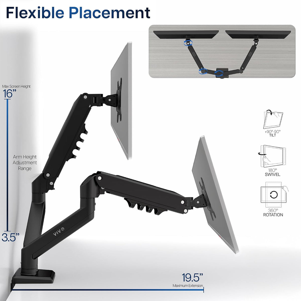 VIVO Aluminum Articulating Dual Monitor Arm for 13 to 30 inch Screens, Desk Mount Tension Spring Monitor Stand for 2 Screens, Black, STAND-V102O