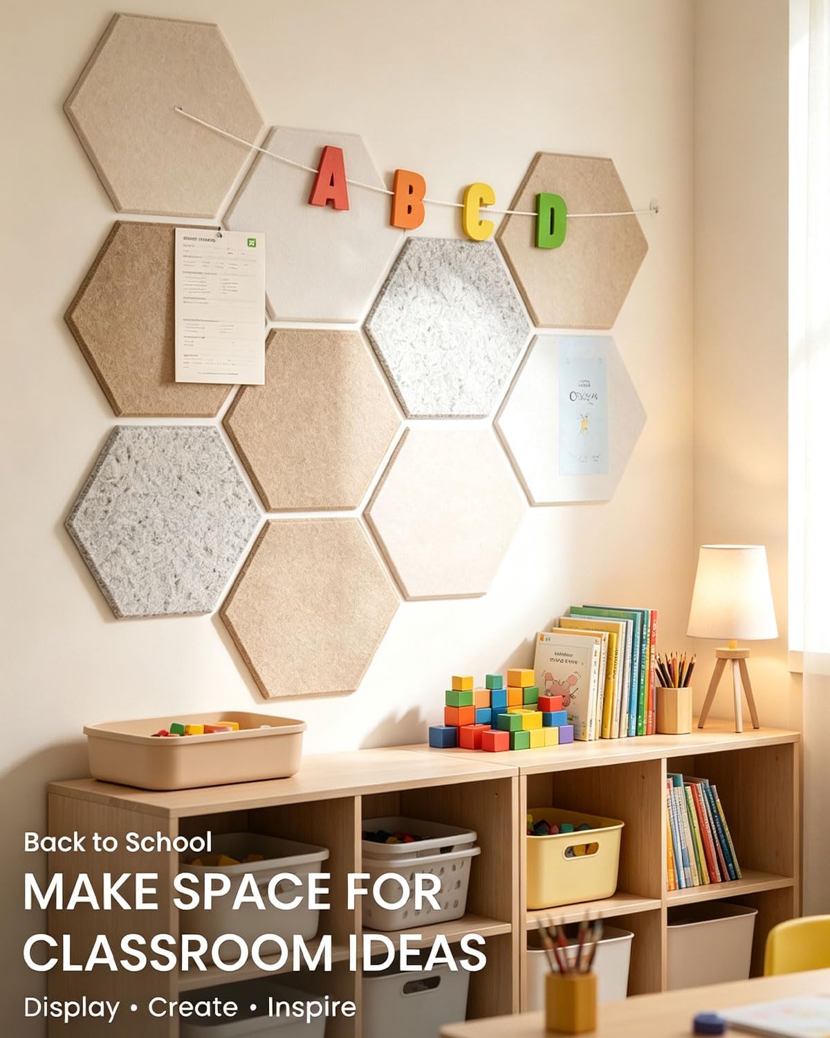 Hexagon Felt Bulletin Cork Board Tiles, 12 Pack Pin Board for Walls Decor