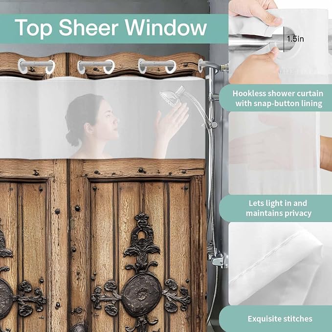 Wood Barn Door No Hook Shower Curtain