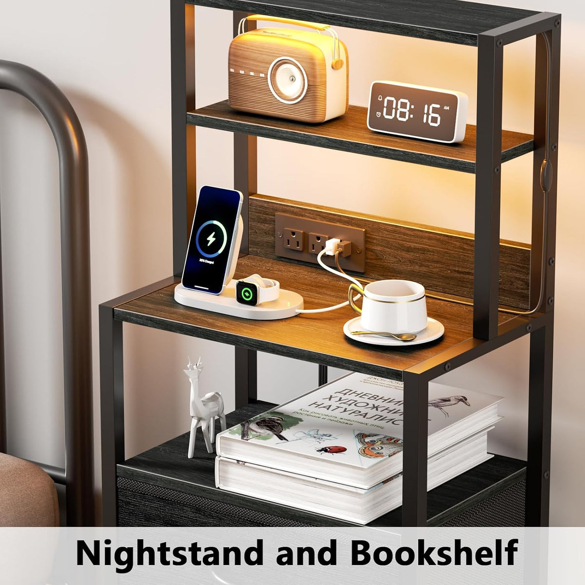 Furnulem Night Stand, Tall Nightstand with Charging Station for Bedroom
