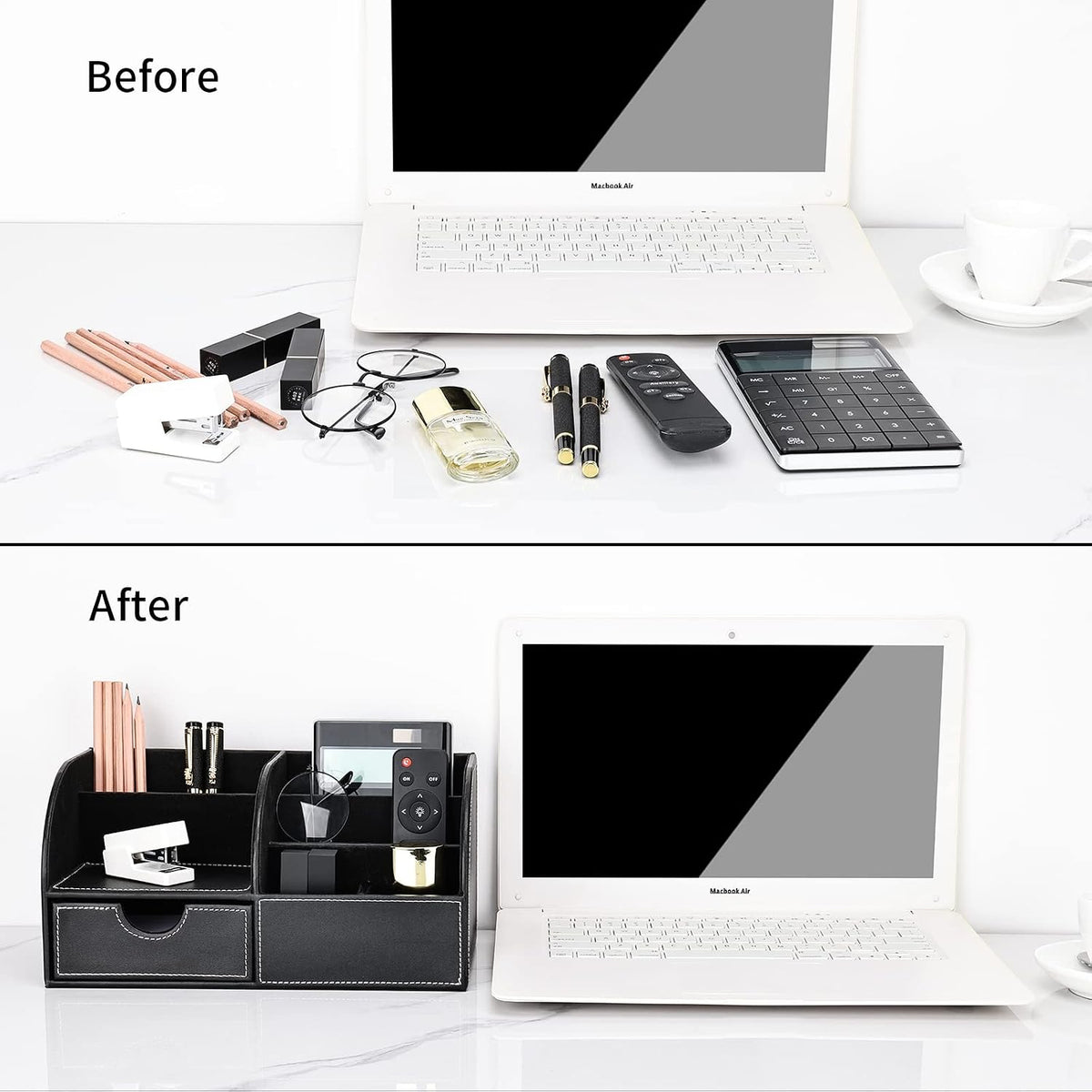 KINGFOM Pu Leather Desk Organizer Pen Pencil Holder Office Supplies Caddy Storage Box 6 Compartments with Drawer Black