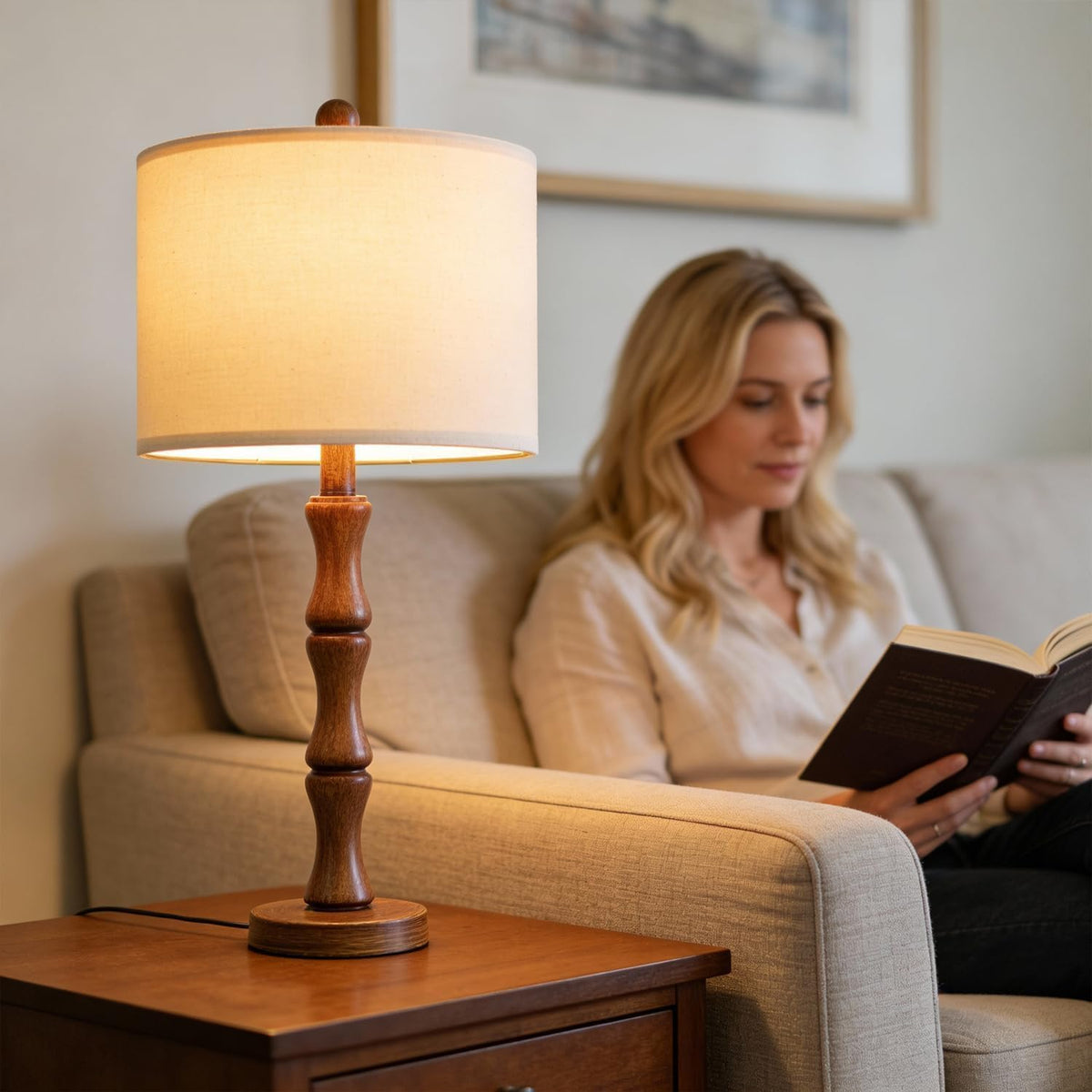 BOBOMOMO 20.5" Rustic Table Lamps Set of 2, Farmhouse Nightstand Lamp with Wood Grain Resin Base & Linen Shade, Small Bedside Lamp for Bedroom, Living Room & Apartment Décor- Ideal for Small Spaces