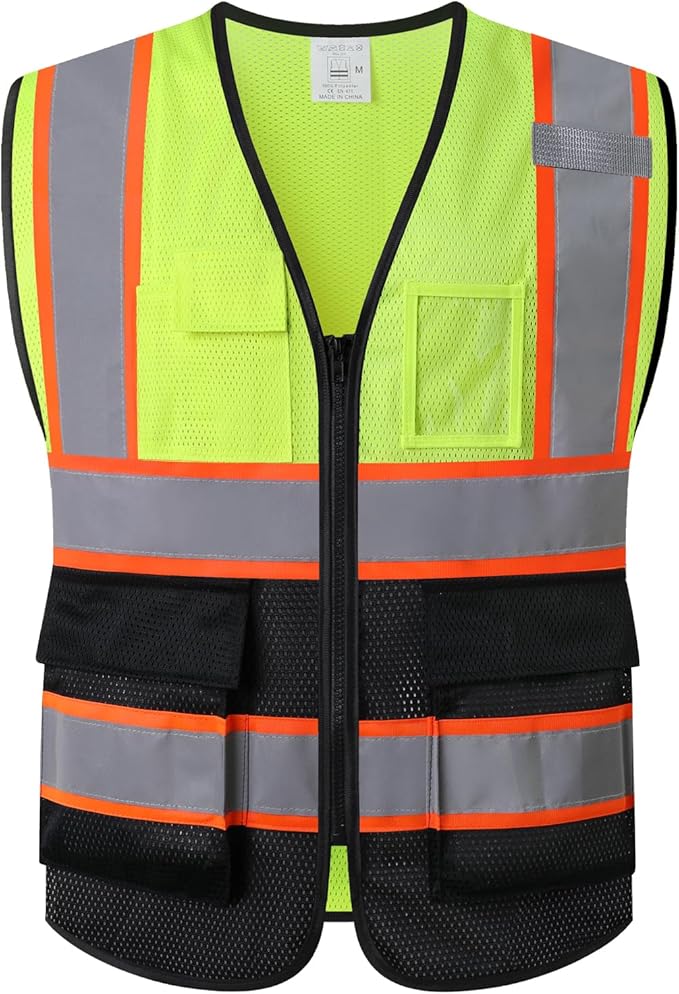 Reflective Mesh Safety Vest for Men Women with 5 Pockets and Zipper Front High Visibility Mesh Vest Hi Vis Construction Work Vest,Meets ANSI/ISEA Standards(EK175-Yellowblack-3XL)