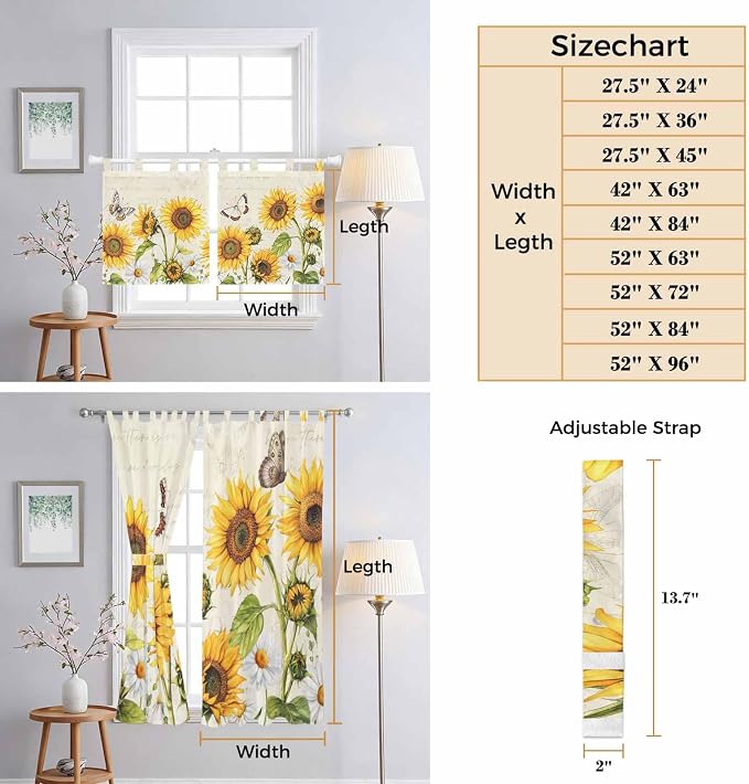 Farm Sunflowers Living Room Curtains 84 Inch Length, Window Curtains Tab Top