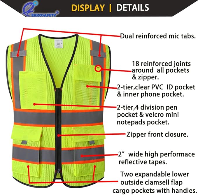 Reflective Safety Vest for Men Women with 9 Pockets and Zipper Front Class 2 High Visibility Mesh Work Vest Hi Vis Construction Vest,Meets ANSI/ISEA Standards(EK176-Yellow-XL)