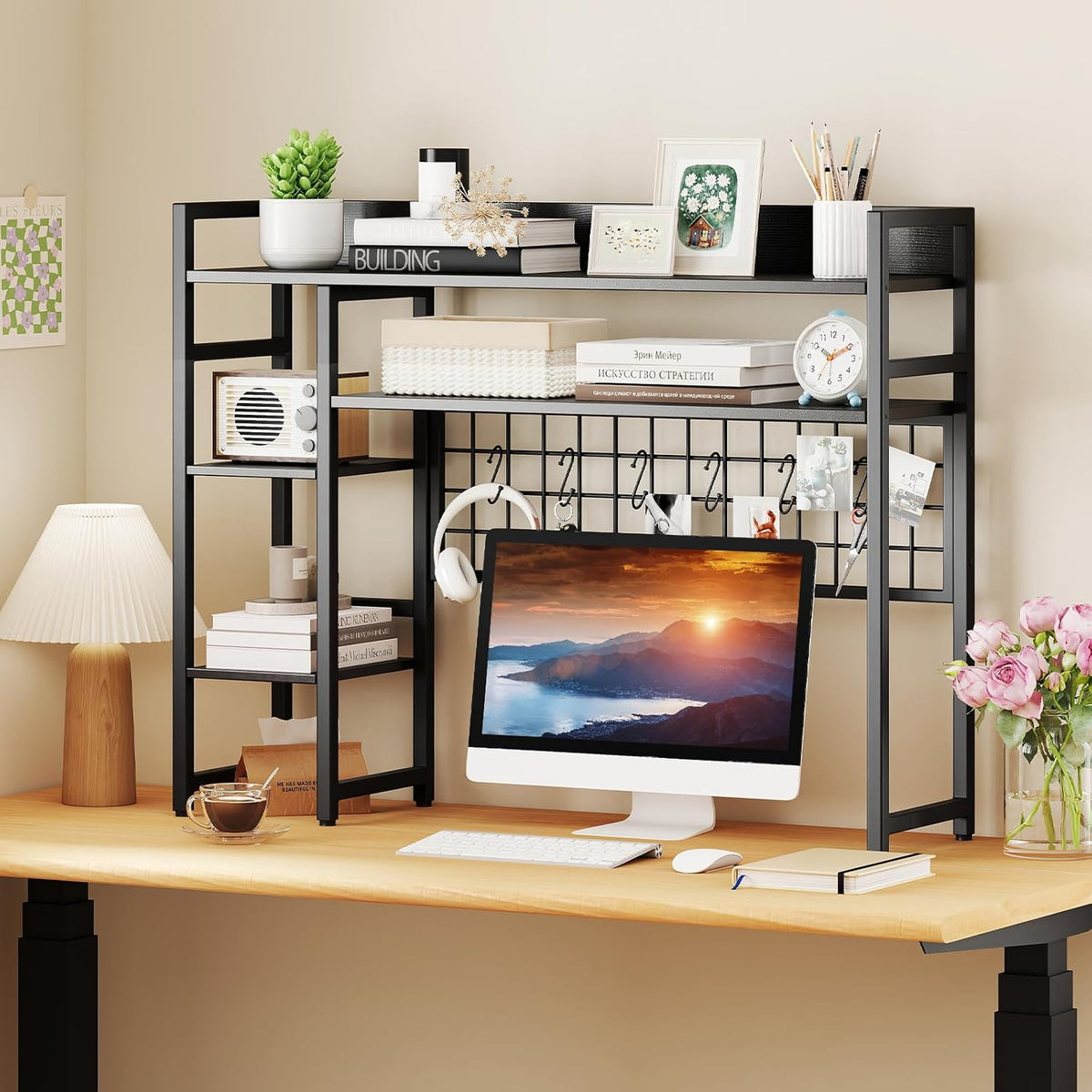 Tangkula Desktop Bookshelf for Computer Monitor Up to 32”, Countertop Storage Hutch with 4 Open Shelves, Grid Panel, 6 Hooks, Anti-tip Device, 4-Tier Desktop Shelves for Home Office Dorm, Black