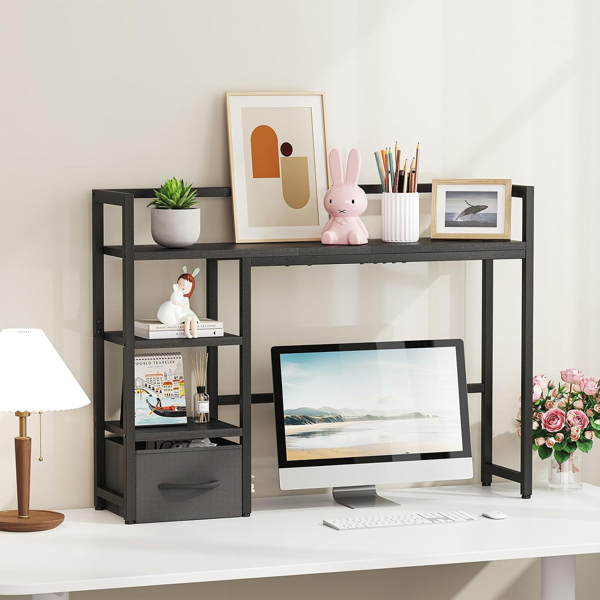 Marbrasse Desk Shelf with Drawer, 40" Desk Hutch for Computer Monitor, Desk Shelf for top of Desk, Wooden Desktop Bookshelf Storage Rack for Home Office Dorm - Black