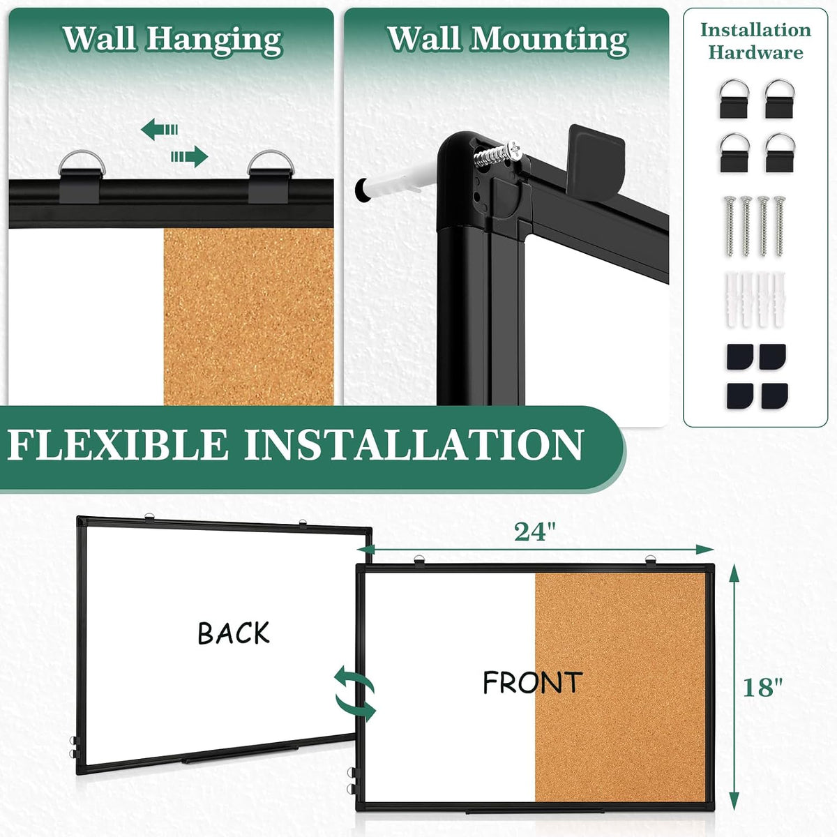 White Board Cork Board Combo for Wall, Double Sided Magnetic