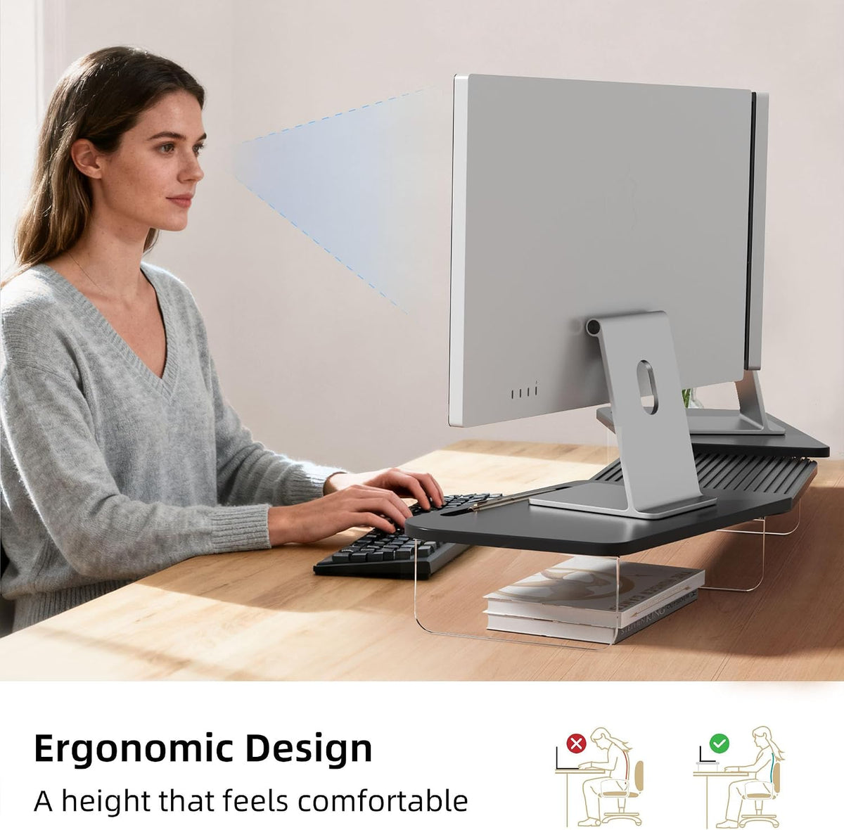 AFOOYO LED Dual Monitor Stand Riser for 2 Monitors,Office Desktop Wooden Stand Adjustable Length and Angle 3 Shelf,Extra Long Multifunctional Stand up to 39.3" for Computer,Laptop,TV,Black