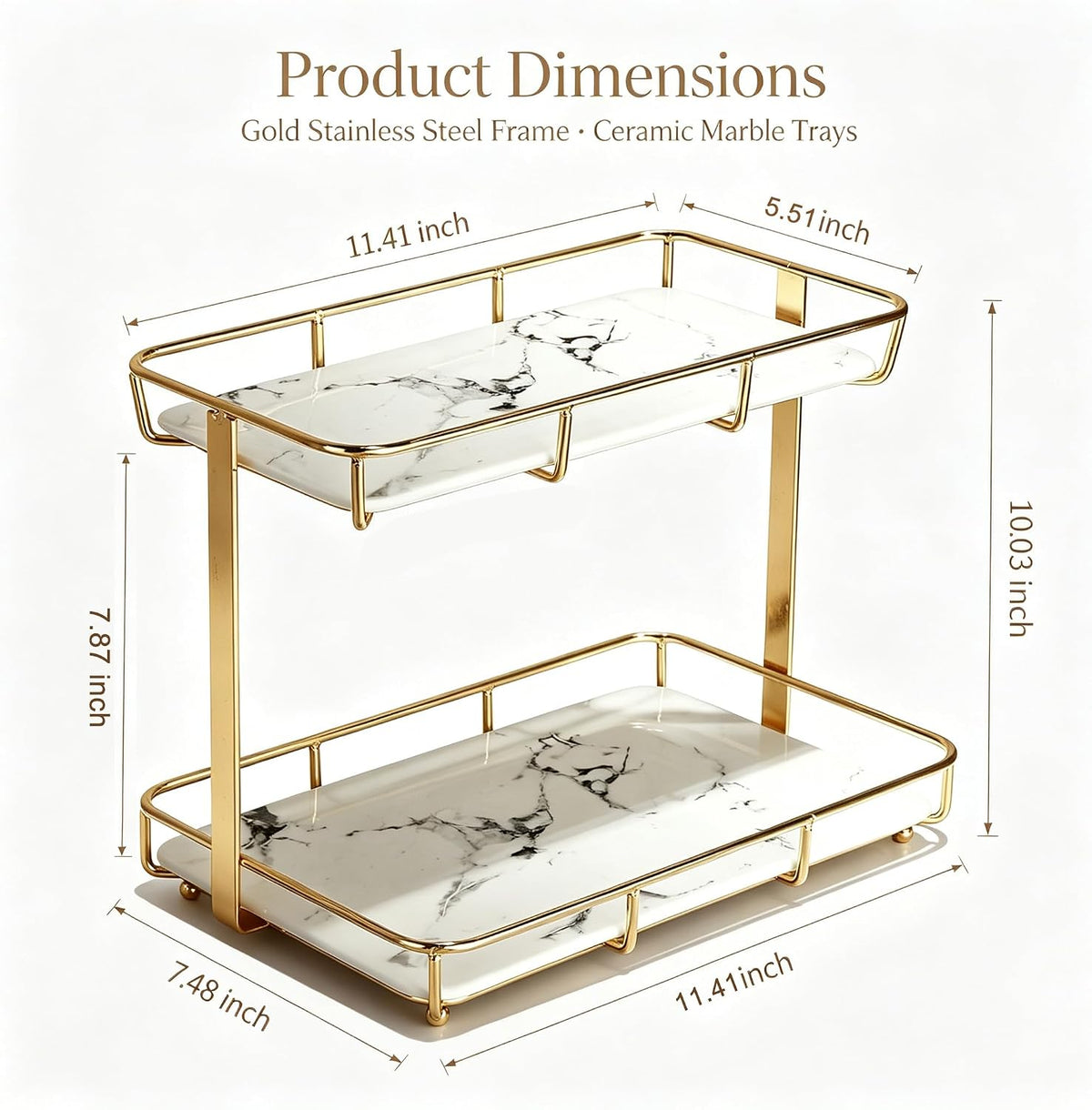 Bathroom Organizer Countertop Perfume Organizer Makeup Organizer Cosmetics Storage Display Rack Vanity Tray Dresser Stainless Steel Gold Shelf White Marble Ceramic Tray