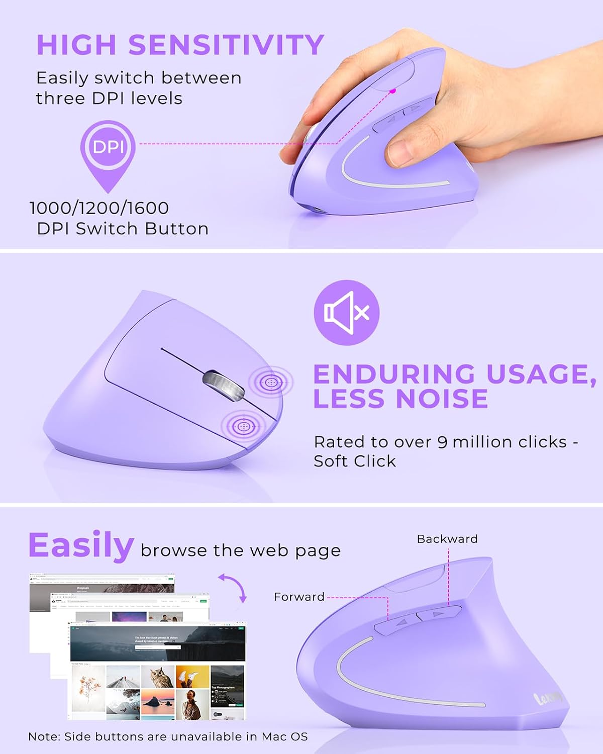 Lekvey Ergonomic Mouse, Rechargeable Wireless Vertical Mouse, Light Purple