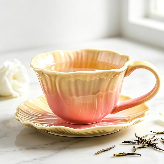 10 oz Tea Cups and Saucers, Flower-Shaped Ceramic Latte Art Cappuccino Cup and
