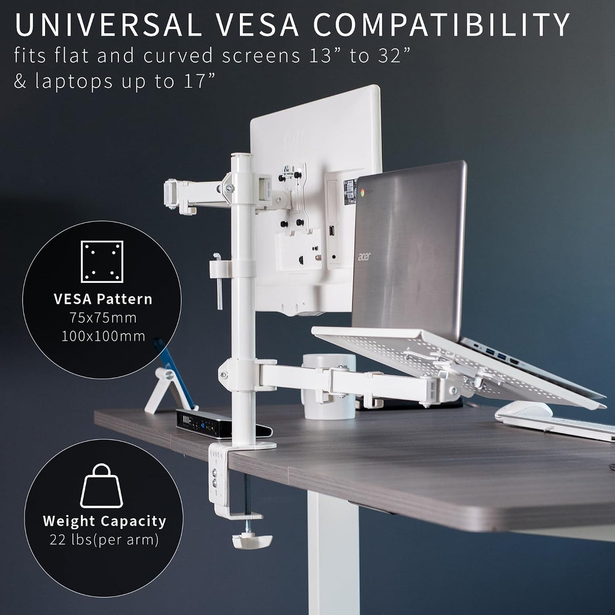 VIVO Fully Adjustable 13 to 32 inch Single Computer Monitor and Laptop Desk Mount Combo, Stand with Grommet Option, Fits up to 17 inch Laptops, White STAND-V002CW