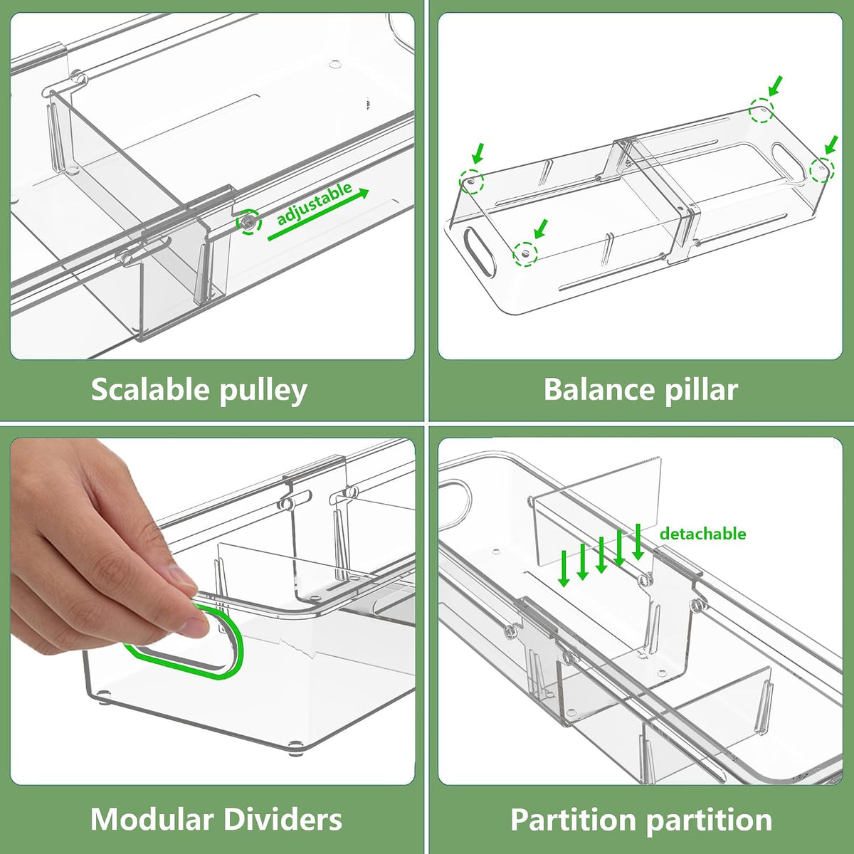 BLULEE 4-in-1 Expandable Drawer Organizer Set, Adjustable Clear Bins (4 Pack)